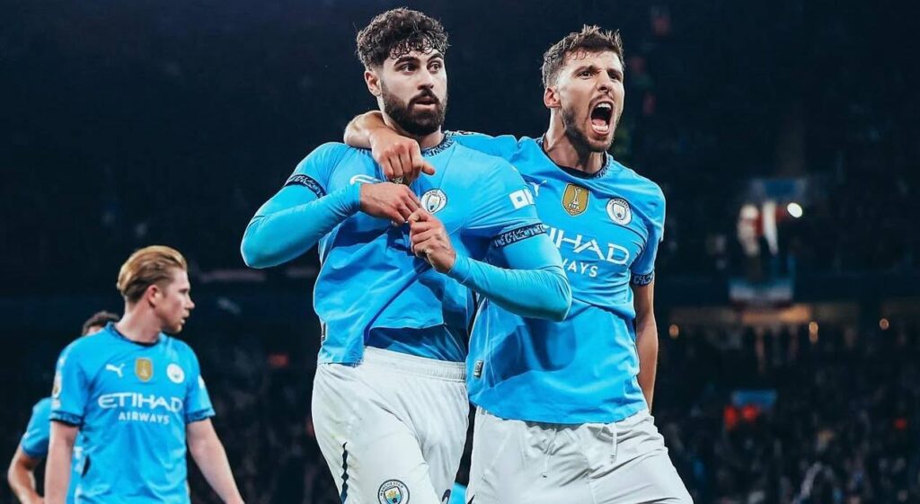 Jogadores oško Gvardiol e Rúben Dias comemoram gol pelo Manchester City. Foto: Manchester City/Instagram