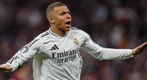 Imagem do Jogador Kylian Mbappé comemorando gol pelo Real Madrid. Foto: Real Madrid/Instagram