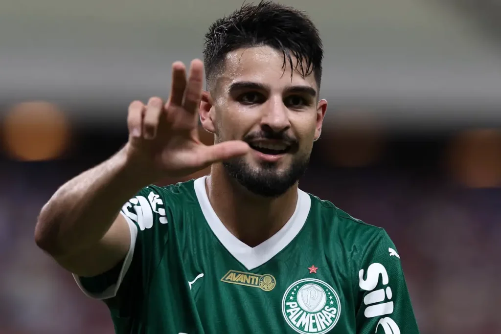 Jogador Flaco López comemorando gol pelo Palmeiras. Foto: Cesar Greco/Palmeiras