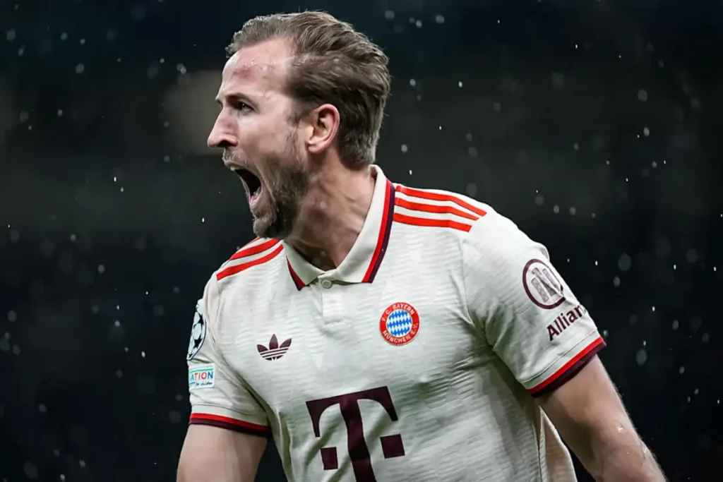 Jogador Harry Kane comemorando gol pelo Bayern de Munique. Foto: Bayern de Munique/Site Oficial