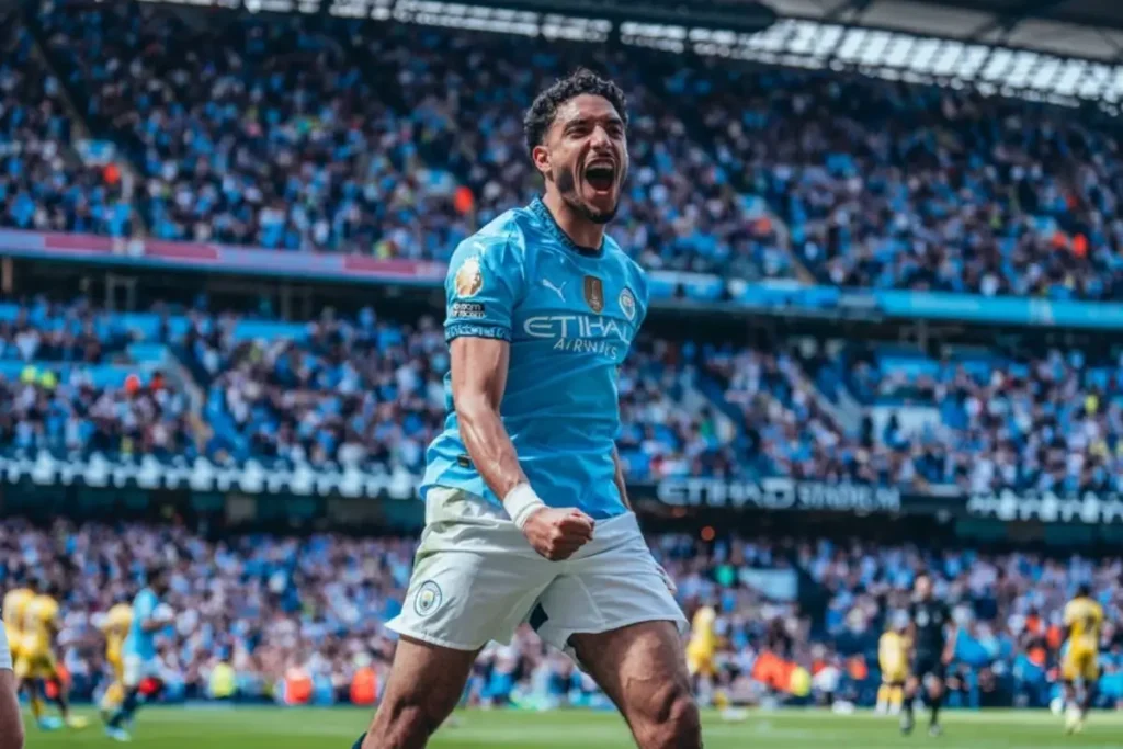 Jogador Omar Marmoush comemorando gol pelo Manchester City. Foto: Manchester City/Site Oficial