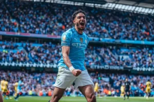 Jogador Omar Marmoush comemorando gol pelo Manchester City. Foto: Manchester City/Site Oficial