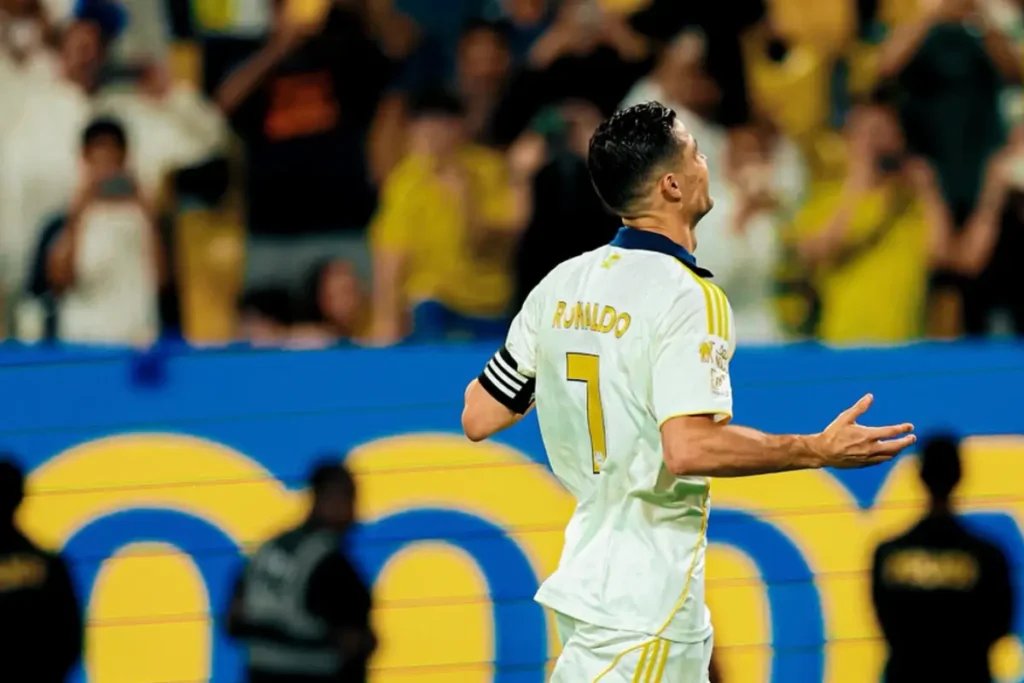 Imagem do jogador Cristiano Ronaldo comemorando gol pelo Al-Nassr. Foto: Al-Nassr/Instagram