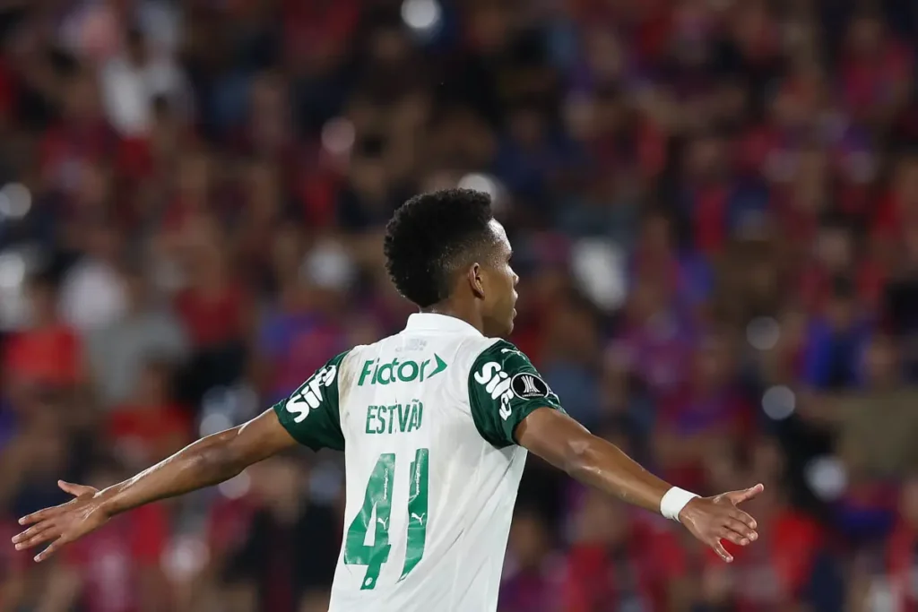 Jogador Estevão comemorando gol pelo Palmeiras. Foto: Cesar Greco/Palmeiras