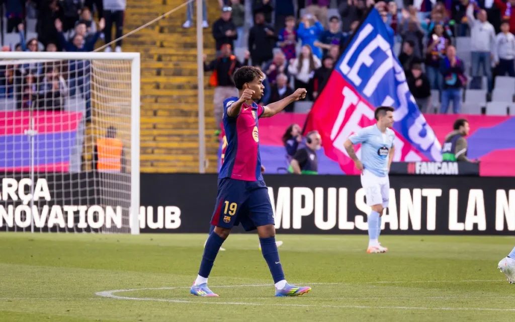 Jogador Lamine Yamal comemorando gol pelo Barcelona. Foto: Marc Graupera - FC Barcelona