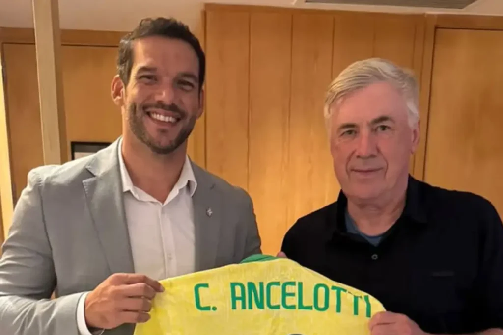 Imagem do presidente da CBF, Samir Xaud, e novo técnico da Seleção Brasileira Carlo Ancelotti. Foto: CBF/Instagram