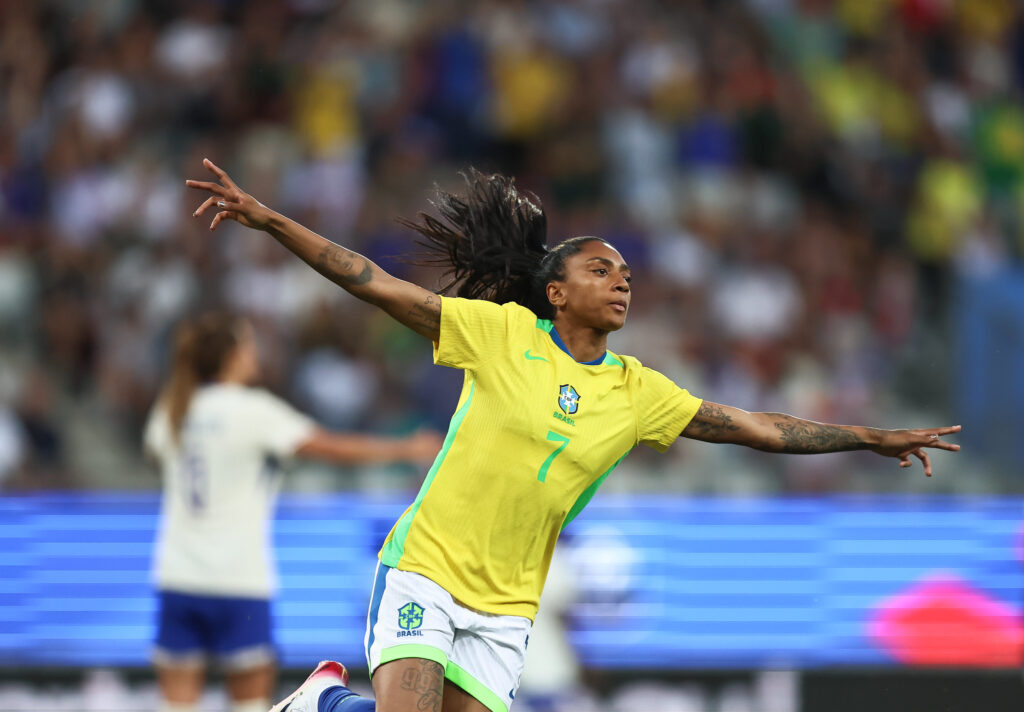 Imagem da jogadora Kerolin comemorando gol pela Seleção Brasileira Feminina. Foto: Livia Villas Boas/CBF