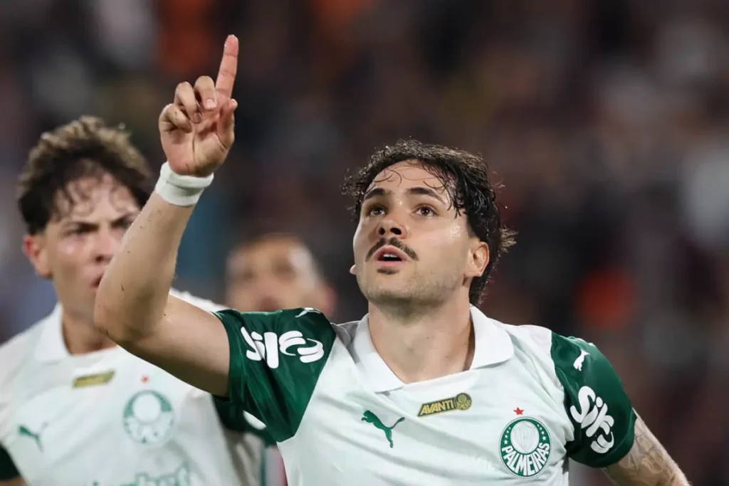 Imagem do jogador Maurício comemorando gol pelo Palmeiras. Foto: Cesar Greco/Palmeiras