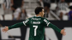 Imagem do jogador Felipe Anderson comemorando gol pelo Palmeiras. Foto: Cesar Greco/Palmeiras