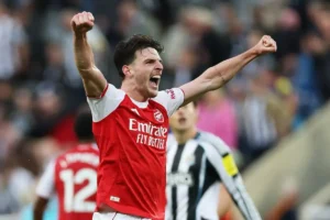 Imagem do jogador Declan Rice comemorando gol pelo Arsenal. Foto: Arsenal/Instagram