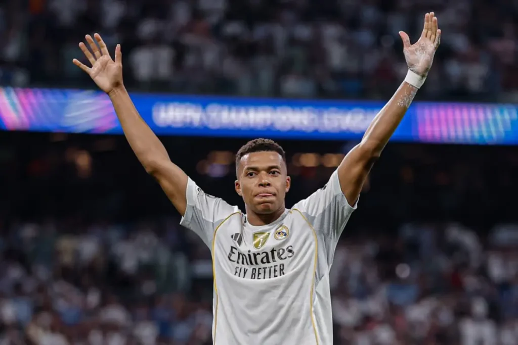 Imagem do jogador Kylian Mbappé comemorando pelo Real Madrid. Foto: Real Madrid/Instagram