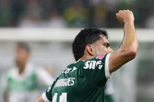Imagem do jogador Bruno Rodrigues comemorando gol pelo Palmeiras. Foto: Cesar Greco/Palmeiras