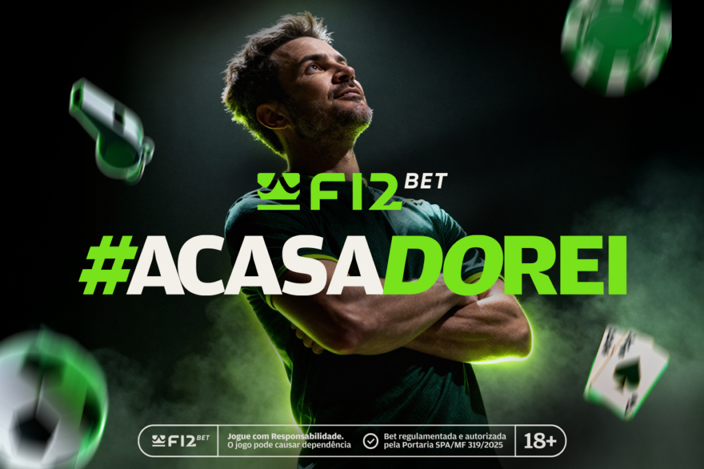 Imagem de Falcão, o Rei do Futsal, de braços cruzados e vestindo a camisa da F12.Bet, com o texto "F12.Bet: A casa do Rei".
