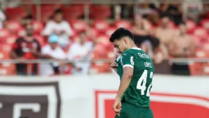 Imagem do jogador Flaco López comemorando gol pelo Palmeiras. Foto: Cesar Greco/Palmeiras