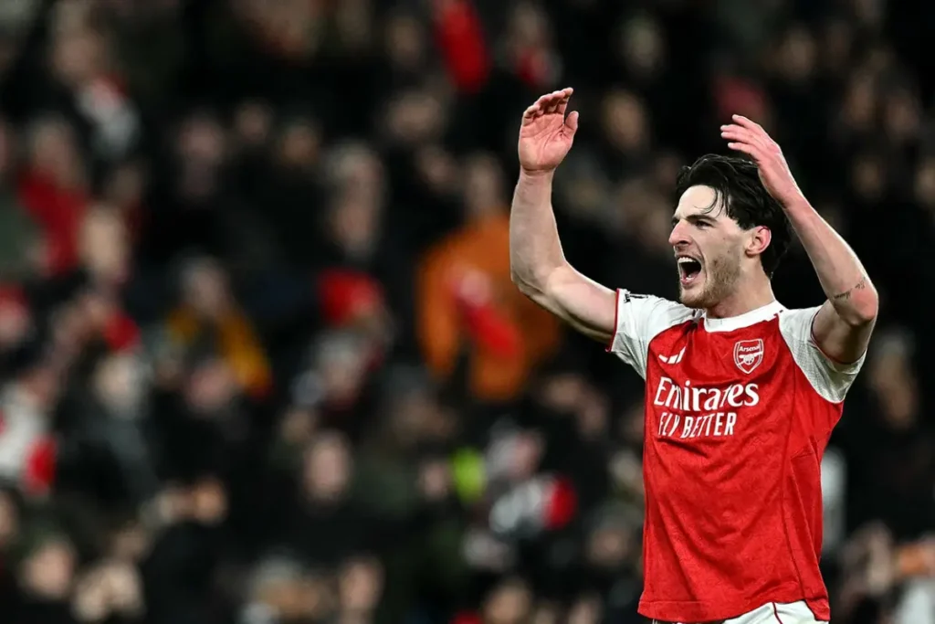 Imagem do jogador Declan Rice comemorando gol pelo Arsenal. Foto: Arsenal/Instagram